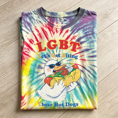 LGBT Lets Get Biting These Hot Dogs Funny Goose Pride Handmade Tie Dye T-shirt