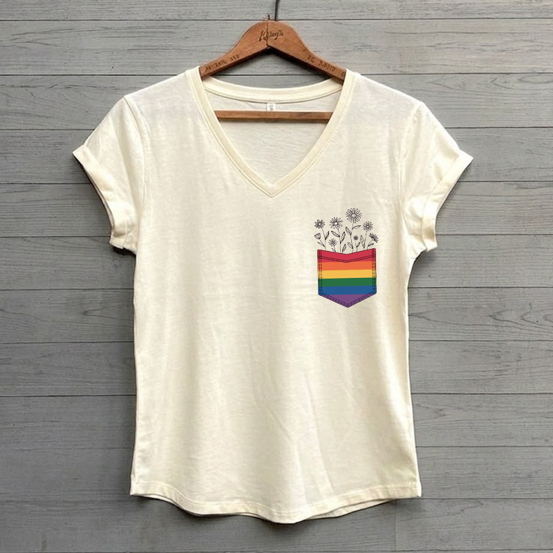 Flower Pocket Pride LGBTQ V-neck Shirt