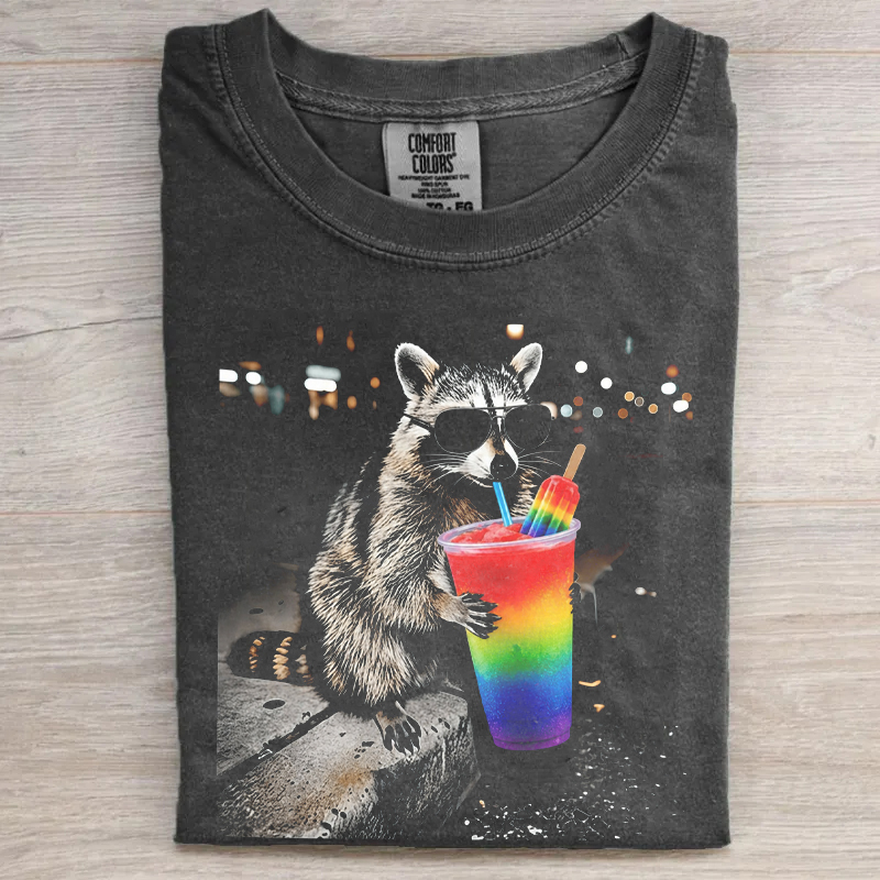 Raccoon Drinking Rainbow Slushie lgbtqia Pride T-shirt