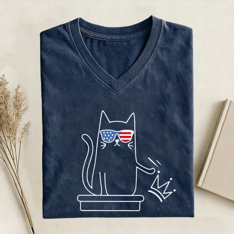 Cat No Kings in America Funny Subtle Protest V-neck Shirt