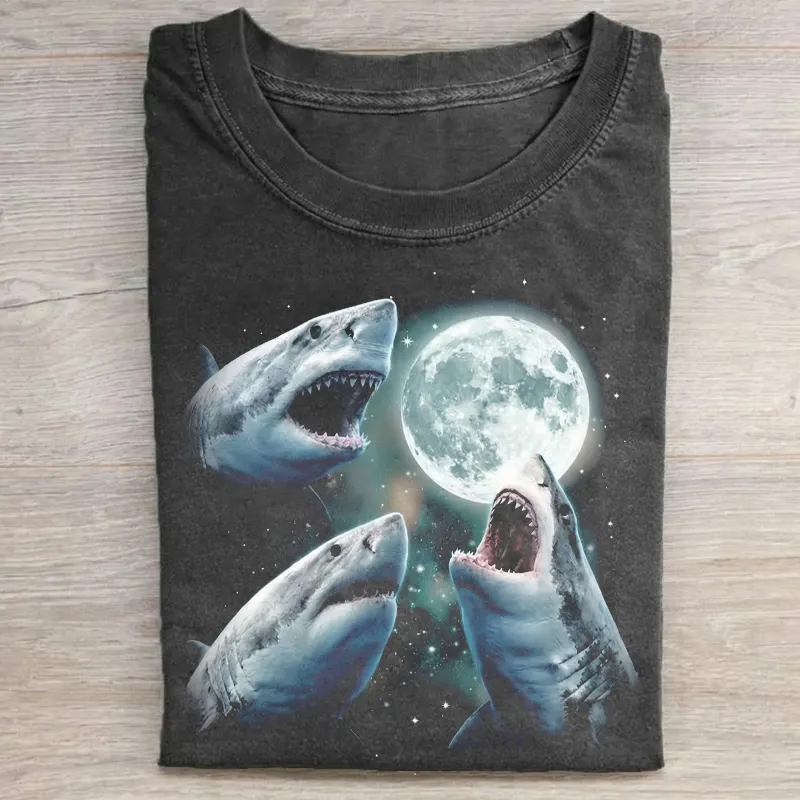 Shark Howling at Moon Vintage 90s Graphic T-Shirt