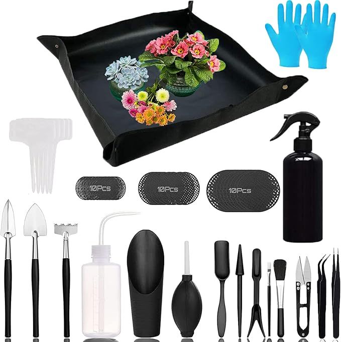 Wavising Sukkulenten-Werkzeuge, 52Pcs Mini-Garten-Werkzeuge, Umpflanzen Werkzeuge Set, Sukkulenten Pflege-Kit mit faltbaren Umtopfen Matte für Indoor-Miniatur-Feen-Gartenarbeit Pflanzenpflege, Potting, Kaktus