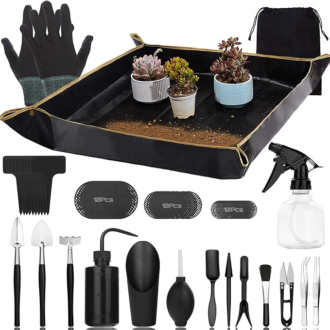 Wavising Sukkulenten-Werkzeug-Set, 57 Stück Mini-Garten, Bonsai-Baum-Kit Pflanzen-Zubehör Indoor-Gartenarbeit Hand mit Umtopfen Matte, für Pflege, Gartenarbeit Geschenke Männer & Frauen, schwarz
