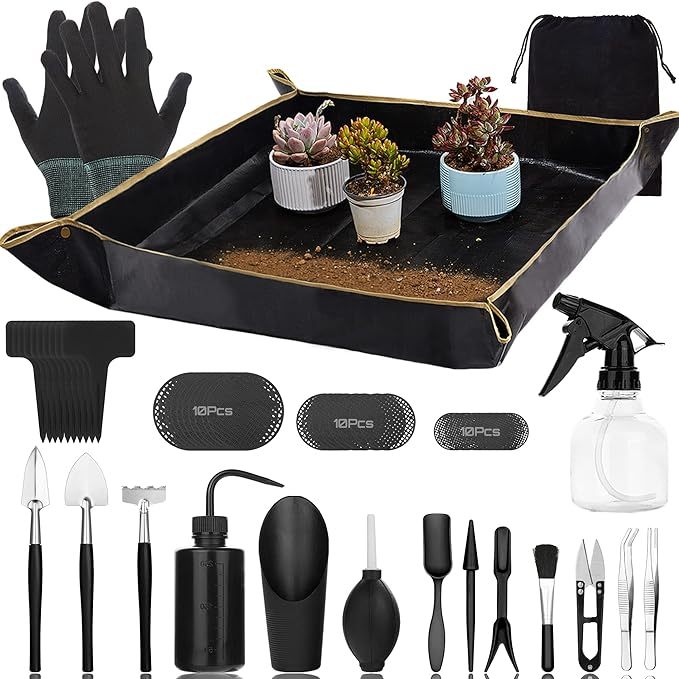 Wavising Sukkulenten-Werkzeug-Set, 57 Stück Mini-Garten, Bonsai-Baum-Kit Pflanzen-Zubehör Indoor-Gartenarbeit Hand mit Umtopfen Matte, für Pflege, Gartenarbeit Geschenke Männer & Frauen, schwarz