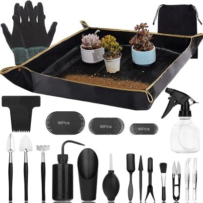 Wavising Sukkulenten-Werkzeug-Set, 57 Stück Mini-Garten, Bonsai-Baum-Kit Pflanzen-Zubehör Indoor-Gartenarbeit Hand mit Umtopfen Matte, für Pflege, Gartenarbeit Geschenke Männer & Frauen, schwarz