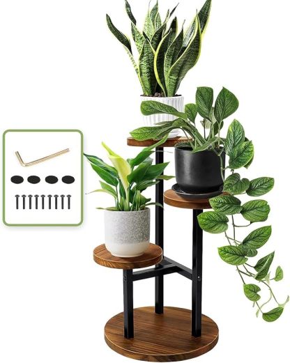 Wavising 3-Etagen-Pflanzenständer, hohe Metall-Holz-Regal-Halter für Innen-, Außen-Display Rack Blumentopf Stand für Ecke Wohnzimmer Balkon Garten Terrasse