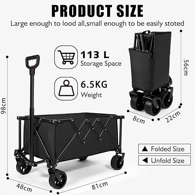 Wavising Faltbarer Strandwagen, Heavy Duty Portable Beach Trolley Utility Faltbarer Wagen mit All-Terrain-Rädern, Faltbarer Reisewagen, Belastbarkeit 150kg, Schwarz