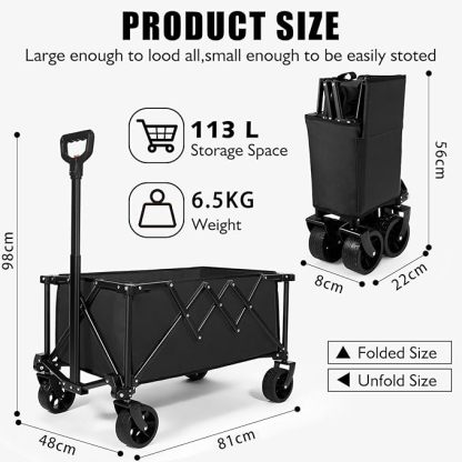 Wavising Faltbarer Strandwagen, Heavy Duty Portable Beach Trolley Utility Faltbarer Wagen mit All-Terrain-Rädern, Faltbarer Reisewagen, Belastbarkeit 150kg, Schwarz