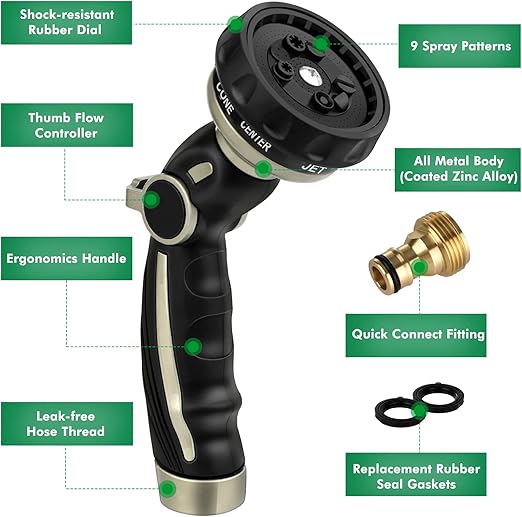 Wavising Gartenschlauch Rohrspritzpistole, Metall Düse Sprayer Heavy Duty mit 9 Mustern, Hochdruck-Wassersprühgerät mit Daumen Flow Control, ideal für Outdoor-Rasen & Pflanzenbewässerung, Auto & Haustier waschen