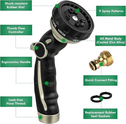Wavising Gartenschlauch Rohrspritzpistole, Metall Düse Sprayer Heavy Duty mit 9 Mustern, Hochdruck-Wassersprühgerät mit Daumen Flow Control, ideal für Outdoor-Rasen & Pflanzenbewässerung, Auto & Haustier waschen