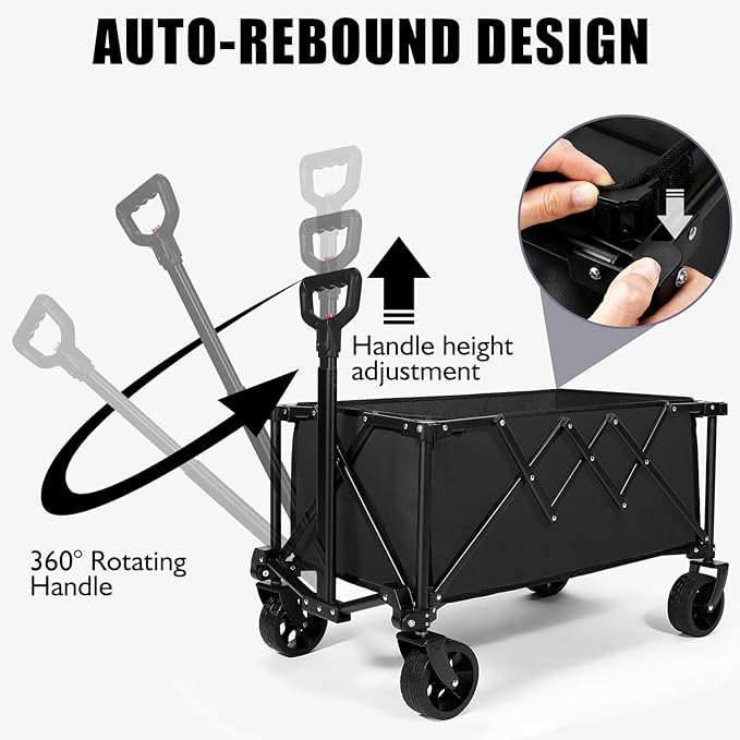 Wavising Faltbarer Strandwagen, Heavy Duty Portable Beach Trolley Utility Faltbarer Wagen mit All-Terrain-Rädern, Faltbarer Reisewagen, Belastbarkeit 150kg, Schwarz