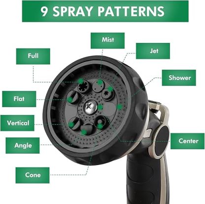 Wavising Gartenschlauch Rohrspritzpistole, Metall Düse Sprayer Heavy Duty mit 9 Mustern, Hochdruck-Wassersprühgerät mit Daumen Flow Control, ideal für Outdoor-Rasen & Pflanzenbewässerung, Auto & Haustier waschen