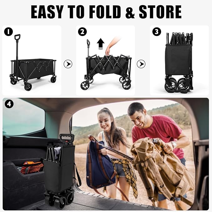 Wavising Faltbarer Strandwagen, Heavy Duty Portable Beach Trolley Utility Faltbarer Wagen mit All-Terrain-Rädern, Faltbarer Reisewagen, Belastbarkeit 150kg, Schwarz