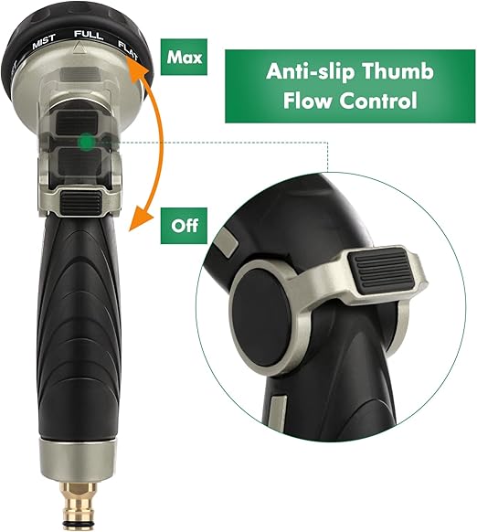 Wavising Gartenschlauch Rohrspritzpistole, Metall Düse Sprayer Heavy Duty mit 9 Mustern, Hochdruck-Wassersprühgerät mit Daumen Flow Control, ideal für Outdoor-Rasen & Pflanzenbewässerung, Auto & Haustier waschen