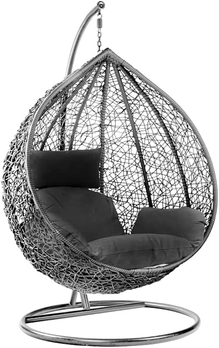 Wavising Rattan Swing Egg Chair Hängende Gartenhängematte mit Kissen & Ständer Outdoor Indoor Möbel (Grey Egg Chair & Black Cushion)