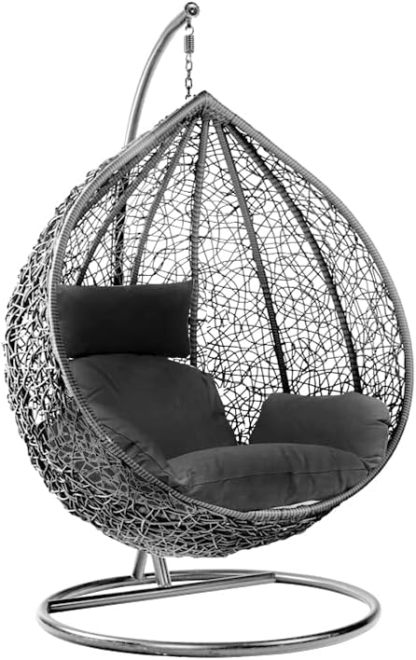 Wavising Rattan Swing Egg Chair Hängende Gartenhängematte mit Kissen & Ständer Outdoor Indoor Möbel (Grey Egg Chair & Black Cushion)