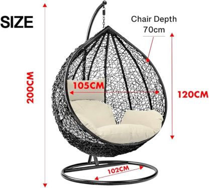 Wavising Rattan Swing Egg Chair Hängende Gartenhängematte mit Kissen & Ständer Outdoor Indoor Möbel (Grey Egg Chair & Black Cushion)