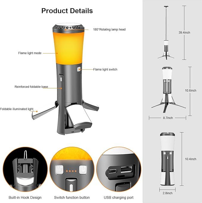 Wavising Camping Laterne Wiederaufladbar, Camping Lichter mit Flammen-Modus, Ausziehbares Licht Stativ, Batteriebetriebene Lichter mit 12000mAh Batterien, Outdoor Tragbare Laternen für Notfall, Ausfälle, Wandern, Camping