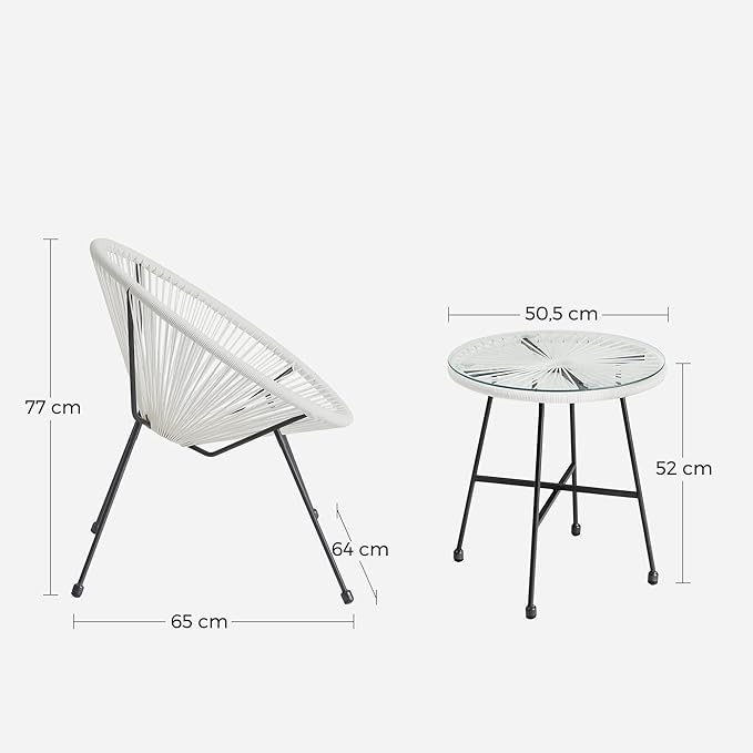 Wavising  Garten-Patio-Möbel-Set 3 Stück, Stuhl, Sitzgelegenheiten im Freien, Tisch mit Glasplatte und 2 Stühle, Konversationsset für drinnen und draußen, weiß 