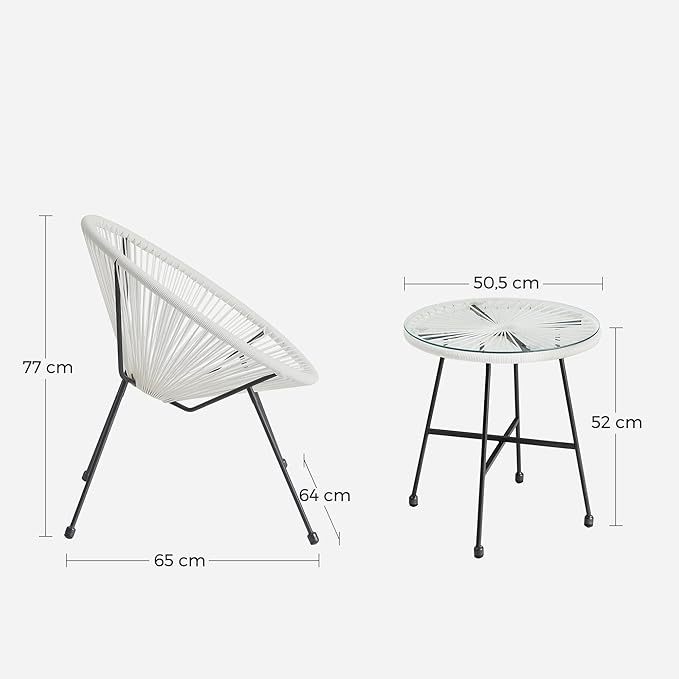 Wavising  Garten-Patio-Möbel-Set 3 Stück, Stuhl, Sitzgelegenheiten im Freien, Tisch mit Glasplatte und 2 Stühle, Konversationsset für drinnen und draußen, weiß 