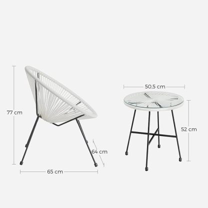 Wavising  Garten-Patio-Möbel-Set 3 Stück, Stuhl, Sitzgelegenheiten im Freien, Tisch mit Glasplatte und 2 Stühle, Konversationsset für drinnen und draußen, weiß 