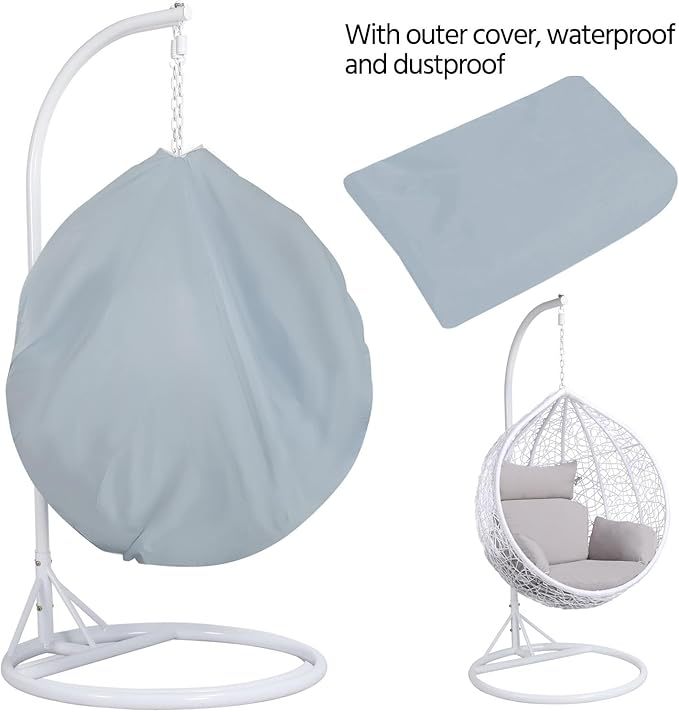 Wavising Garten Schaukel Stuhl, Patio Schaukel Stuhl im Freien hängende Hängematte mit Stand Indoor Rattan Stuhl mit Kissen und Abdeckung, weiß