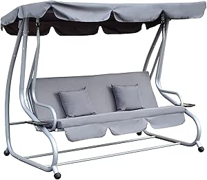 Wavising 2-in-1 Garten-Schaukelsitz-Bett, 3-Sitzer-Convertible-Schaukelstuhl-Bank mit kippbarem Vordach, gepolstertem Sitz und 2 Kissen für Terrasse, Hof, grau