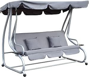 Wavising 2-in-1 Garten-Schaukelsitz-Bett, 3-Sitzer-Convertible-Schaukelstuhl-Bank mit kippbarem Vordach, gepolstertem Sitz und 2 Kissen für Terrasse, Hof, grau