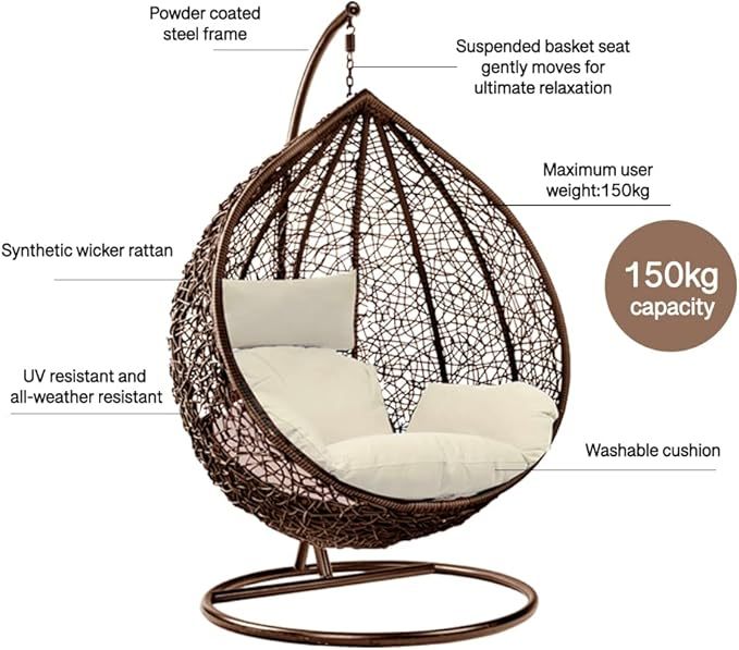 Wavising Rattan Swing Egg Chair Hängende Gartenhängematte mit Kissen & Ständer Outdoor Indoor Möbel (Grey Egg Chair & Black Cushion)