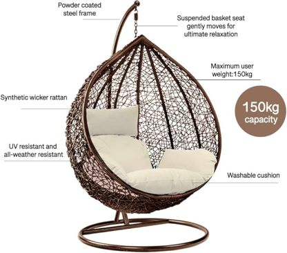 Wavising Rattan Swing Egg Chair Hängende Gartenhängematte mit Kissen & Ständer Outdoor Indoor Möbel (Grey Egg Chair & Black Cushion)