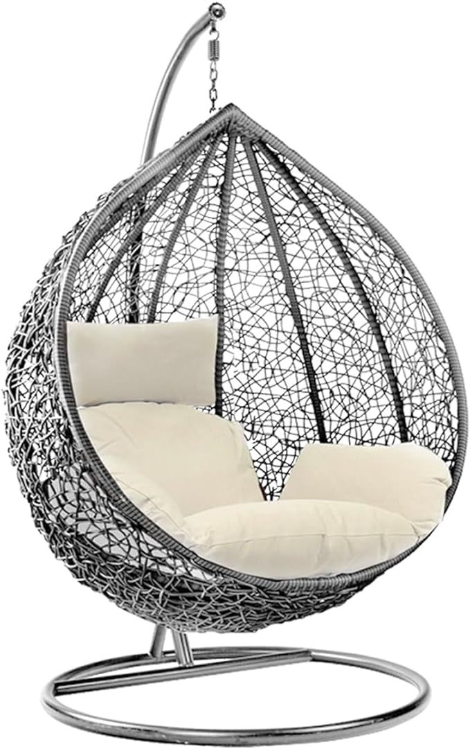 Wavising Rattan Swing Egg Chair Garden Swing Chair Patio Hanging Chair Indoor/Outdoor Hanging Hammock mit Kissen (Grey Egg Chair & white Cushion)