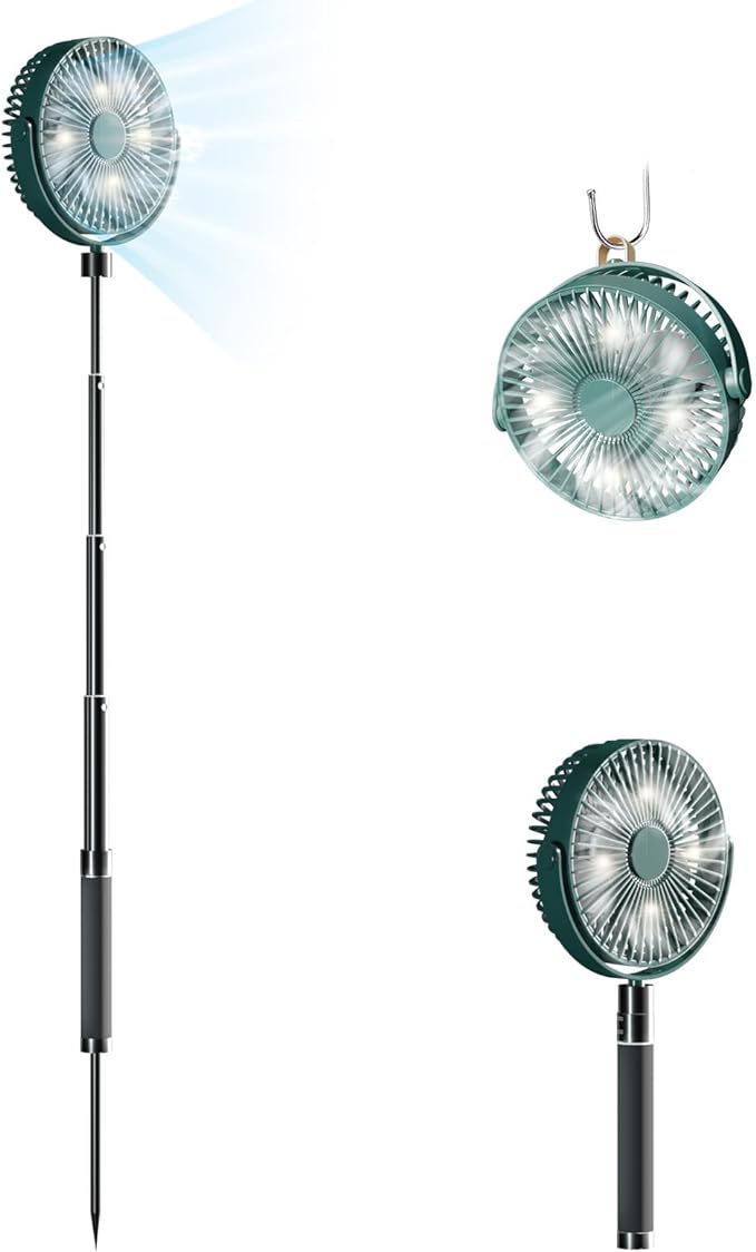 Wavising Batteriebetriebener Camping-Ventilator mit ausziehbarem Bodenständer, tragbarer, wiederaufladbarer Ventilator mit Licht für Camping, Zelt, Wandern, Strand, Golf