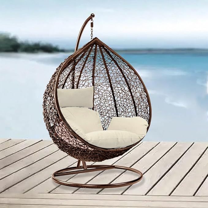 Wavising Rattan Swing Egg Chair Garden Swing Chair Patio Hanging Chair Indoor/Outdoor Hanging Hammock mit Kissen (Grey Egg Chair & white Cushion)