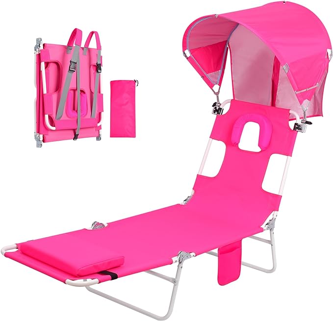 Wavising Backpack Beach Tanning Lounge Chair mit Sonnendach Umbrella Face Hole für Erwachsene draußen Lesen Sonnenbaden Poolside Camping, UPF 50+ Sonnenschutz, Pink
