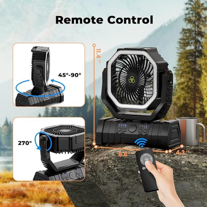 Wavising Camping-Ventilator - 20000mAh Akku-Ventilator wiederaufladbar mit LED-Laterne - Tragbarer Outdoor-Zelt-Ventilator mit Aufhängehaken 4 Geschwindigkeiten Wind-Fernbedienung