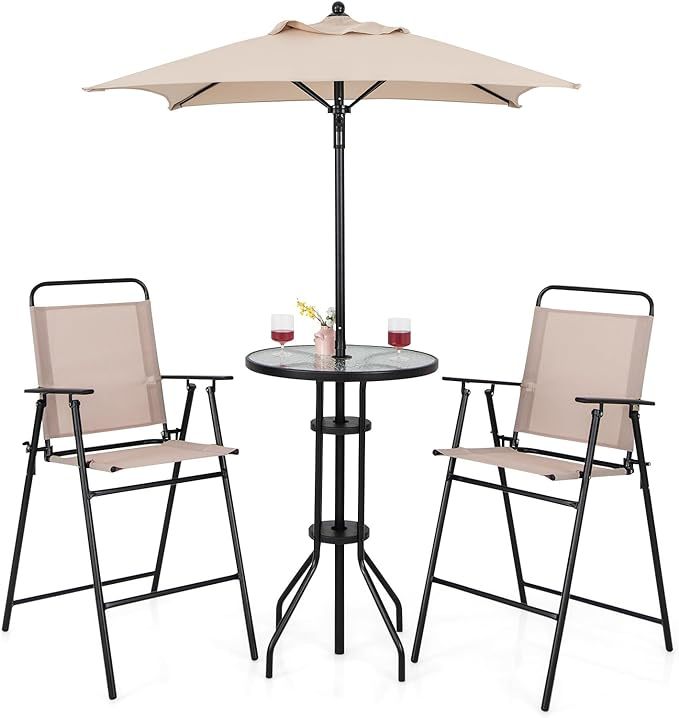 Wavising  3/4-teiliges klappbares Terrassen-Bistro-Set, Essmöbel für draußen mit 2 Stühlen, 1 Glastisch und Schirmloch, Konversationsset für Garten, Balkon, Terrasse und Pool (mit Sonnenschirm)