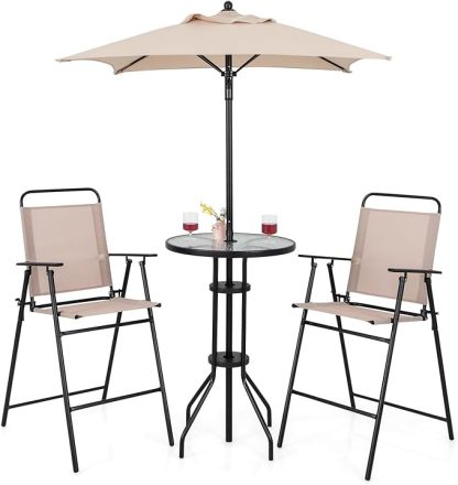 Wavising  3/4-teiliges klappbares Terrassen-Bistro-Set, Essmöbel für draußen mit 2 Stühlen, 1 Glastisch und Schirmloch, Konversationsset für Garten, Balkon, Terrasse und Pool (mit Sonnenschirm)