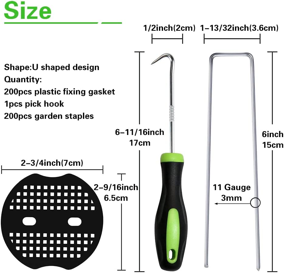 200 Heringe für Unkrautvlies + 200 Pufferscheiben, 6 Zoll/150 mm Heringe für Unkrautvlies, Metallklammern für Gartenlandschaften, Kunstrasenstifte, Bodendecker, Moosgewebe, Heringe für künstliche Barrieren, Zubehör