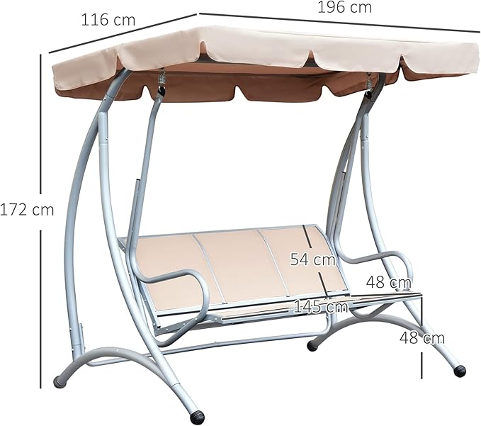 Wavising  3 Sitzer Garten Schaukel Sitzbank Stahl Schaukelstuhl mit verstellbarem Vordach für Outdoor Patio Porch - Beige