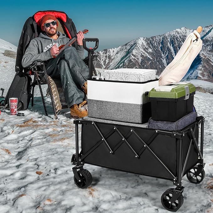 Wavising Faltbarer Strandwagen, Heavy Duty Portable Beach Trolley Utility Faltbarer Wagen mit All-Terrain-Rädern, Faltbarer Reisewagen, Belastbarkeit 150kg, Schwarz