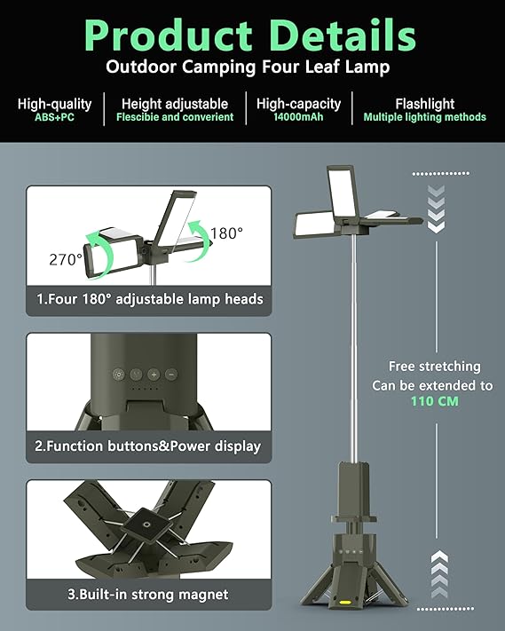 Wavising Tragbare Teleskop-Campingleuchten 14000 mAh Wiederaufladbare LED-Multifunktions-Magnetlaternen, IPX5 wasserdichte Outdoor-Taschenlampe mit vier Led-Lampen ＆ 3-Farben-Dimmung für Notfall, Wandern, Camping