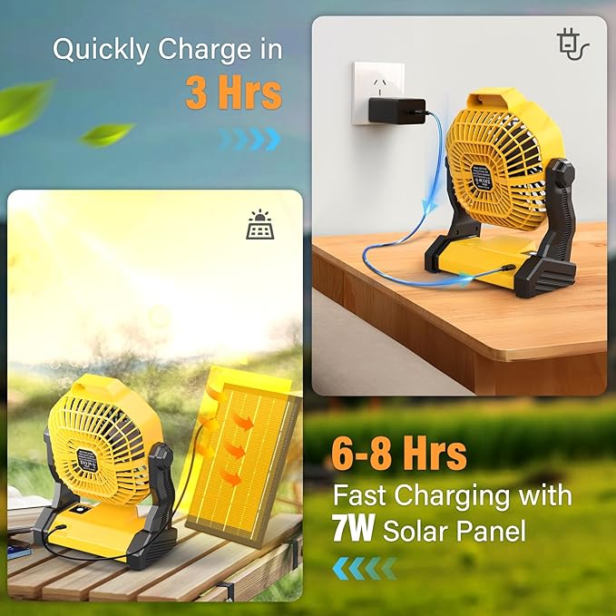 Wavising 10400mAh Solar-Ventilator, Camping-Ventilator mit Solarpanel, 7W wiederaufladbarer solarbetriebener Ventilator für draußen, LED-Laterne, stufenlose Geschwindigkeit und leiser batteriebetriebener Zelt-Ventilator für Picknick, Grillen, Angeln, Reis