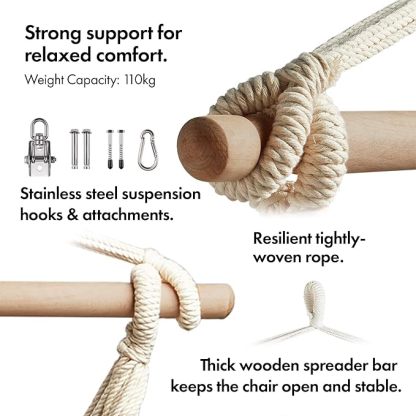 Wavising Hängesessel Outdoor - Blau & Weiß gestreifter Garten Schaukelsitz & Hängemattenstuhl, Starker Baumwollseil-Schaukelstuhl Outdoor - Tragbarer Gartenstuhl, Schaukelsitz für Garten, Terrasse, Terrasse & Decking