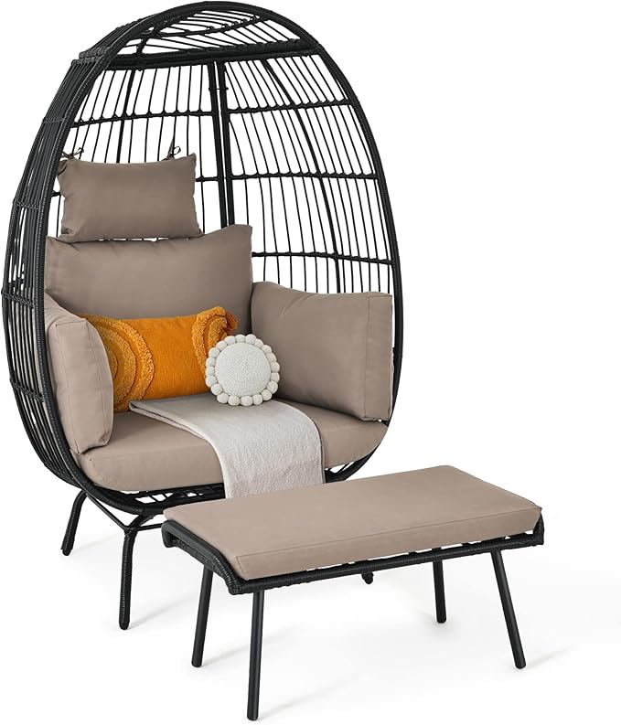 Wavising Wicker Egg Chair mit Ottomane Outdoor Indoor Oversized Lounger mit Ständer, Kissen, Egg Basket Chair für Patio Backyard Porch - Brown & Black