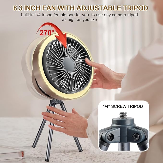 Wavising Camping-Ventilator mit LED-Laterne -USB Typ-C Aufladen, langlebige Batterie (10400mAh), superleise, starker Luftstrom für Sommerhitze, Zeltventilator mit Zelthaken, Fernbedienung, Timer, Kompass und Stativ.