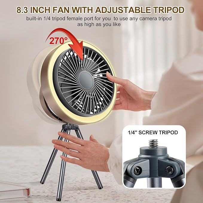 Wavising Camping-Ventilator mit LED-Laterne -USB Typ-C Aufladen, langlebige Batterie (10400mAh), superleise, starker Luftstrom für Sommerhitze, Zeltventilator mit Zelthaken, Fernbedienung, Timer, Kompass und Stativ.