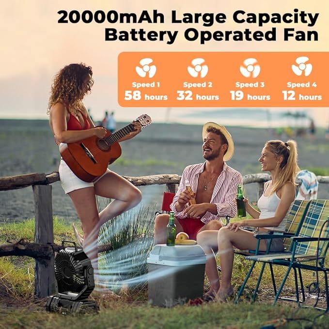 Wavising Camping-Ventilator - 20000mAh Akku-Ventilator wiederaufladbar mit LED-Laterne - Tragbarer Outdoor-Zelt-Ventilator mit Aufhängehaken 4 Geschwindigkeiten Wind-Fernbedienung