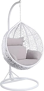 Wavising Garten Schaukel Stuhl, Patio Schaukel Stuhl im Freien hängende Hängematte mit Stand Indoor Rattan Stuhl mit Kissen und Abdeckung, weiß