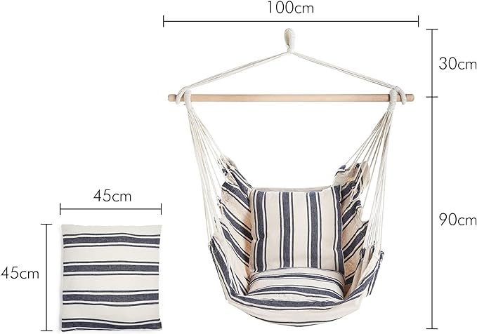 Wavising Hängesessel Outdoor - Blau & Weiß gestreifter Garten Schaukelsitz & Hängemattenstuhl, Starker Baumwollseil-Schaukelstuhl Outdoor - Tragbarer Gartenstuhl, Schaukelsitz für Garten, Terrasse, Terrasse & Decking