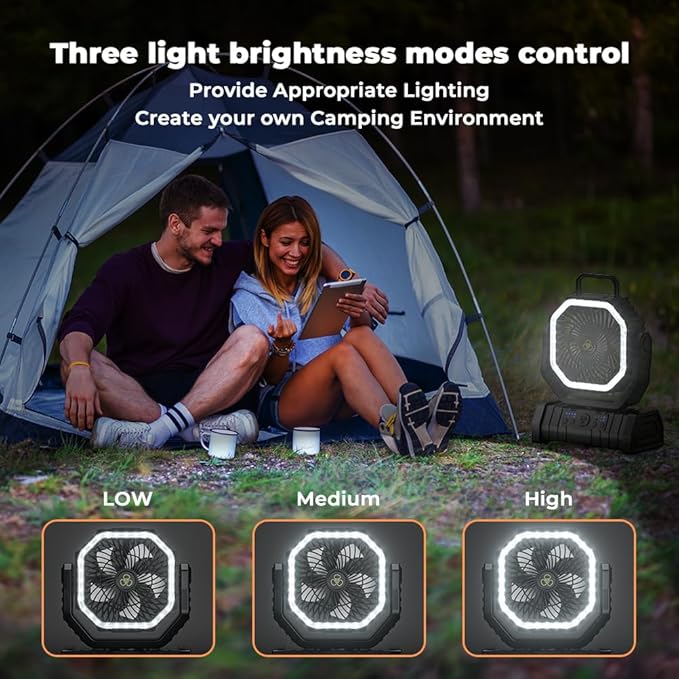 Wavising Camping-Ventilator - 20000mAh Akku-Ventilator wiederaufladbar mit LED-Laterne - Tragbarer Outdoor-Zelt-Ventilator mit Aufhängehaken 4 Geschwindigkeiten Wind-Fernbedienung